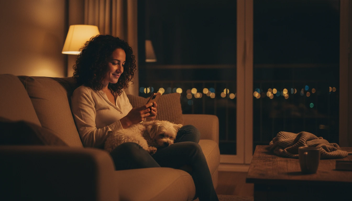 Mujer en el sofá de noche, con su perro en el regazo, sonriendo mientras mira el móvil