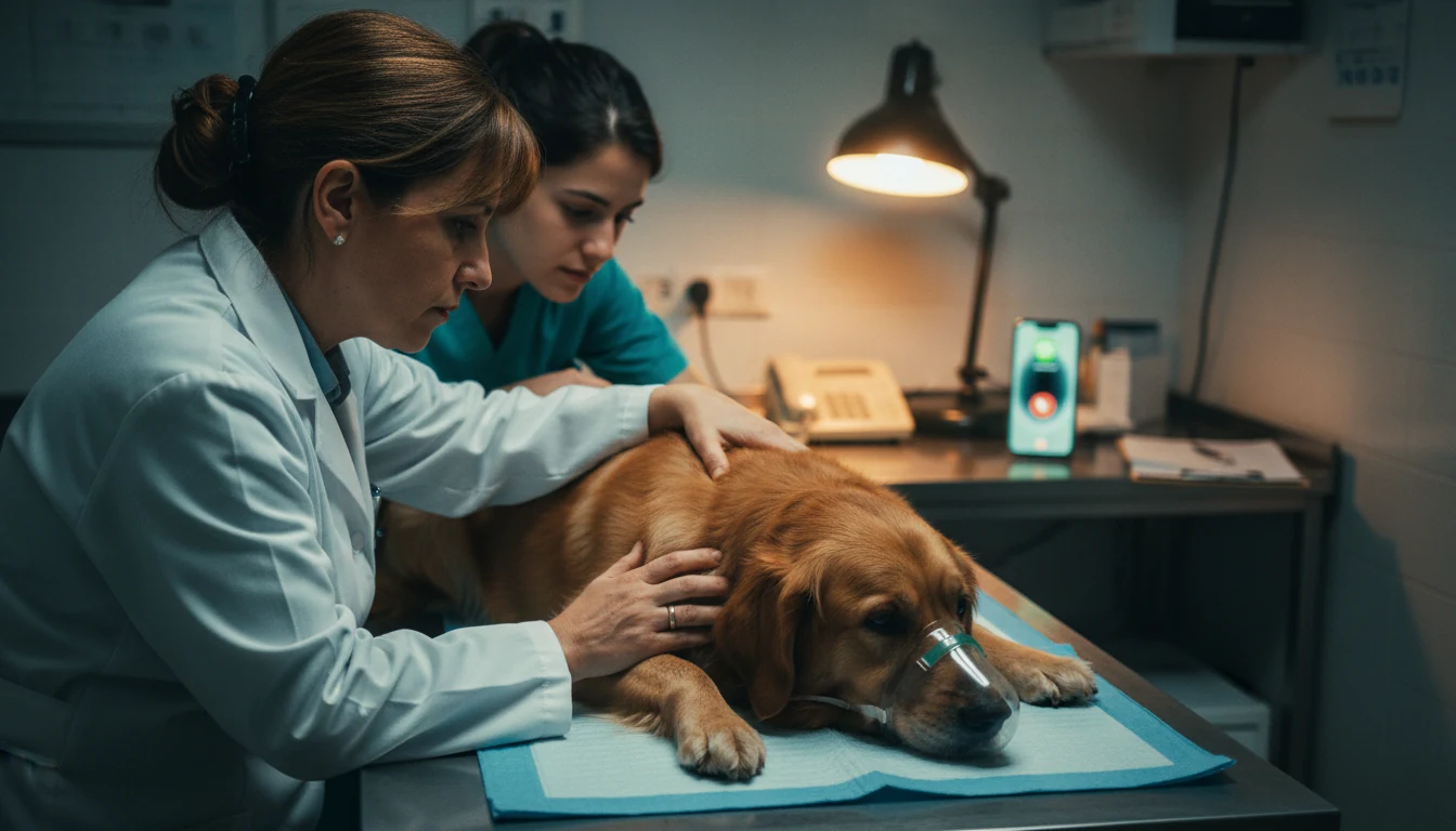 Una veterinaria y una auxiliar atienden a un perro tumbado en la mesa mientras, al fondo, suena un móvil